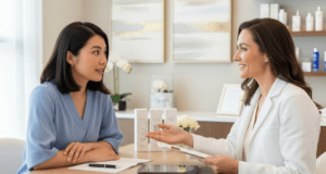 asian lady asking aesthetician questions about tear through filler