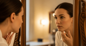 lady looking at her skin after having non-surgical rhinoplasty