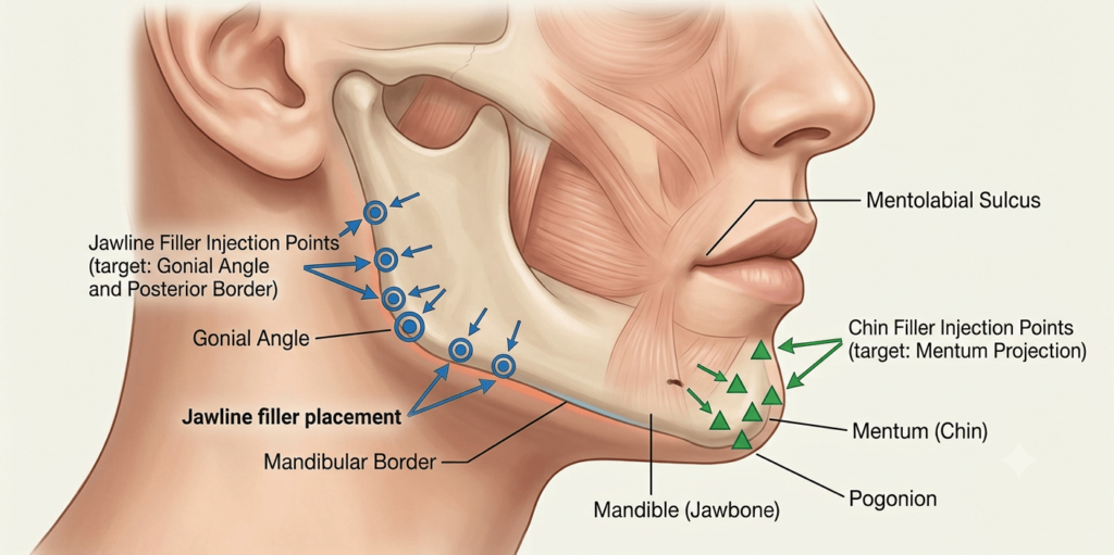 A diagram showing the injections sites of the jawline vs chin filler