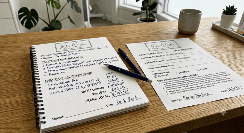 A treatment place with pricing and a patient consent form on a desk