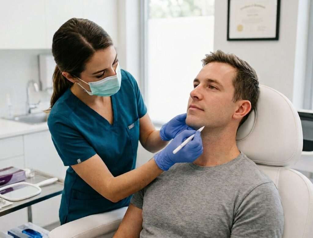 A patient getting his jawline marked in preparation for masculinisation treatment at the Medisha Clinic